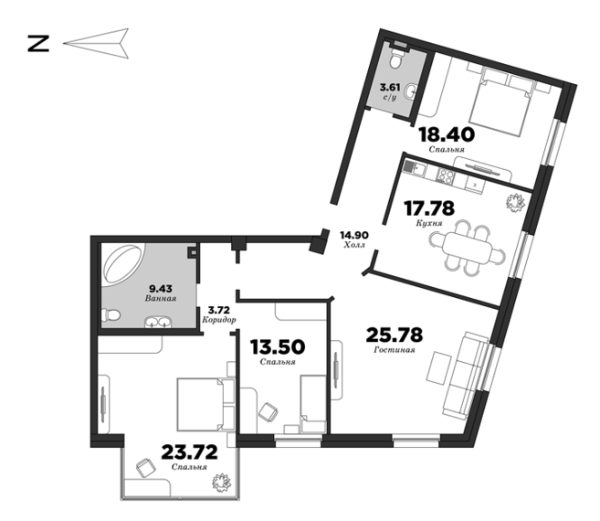 NEVA HAUS, Корпус 1, 4 спальни, 128.72 м² | планировка элитных квартир Санкт-Петербурга | М16